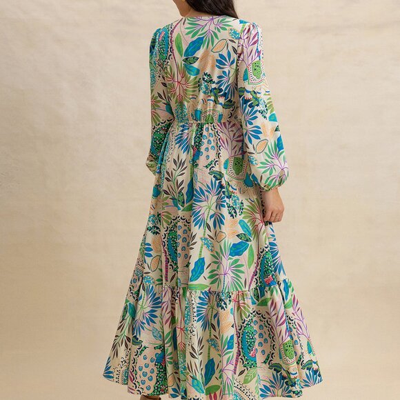 Slit Printed V-Neck Long Sleeve Midi Dress - Picture 1 of 7